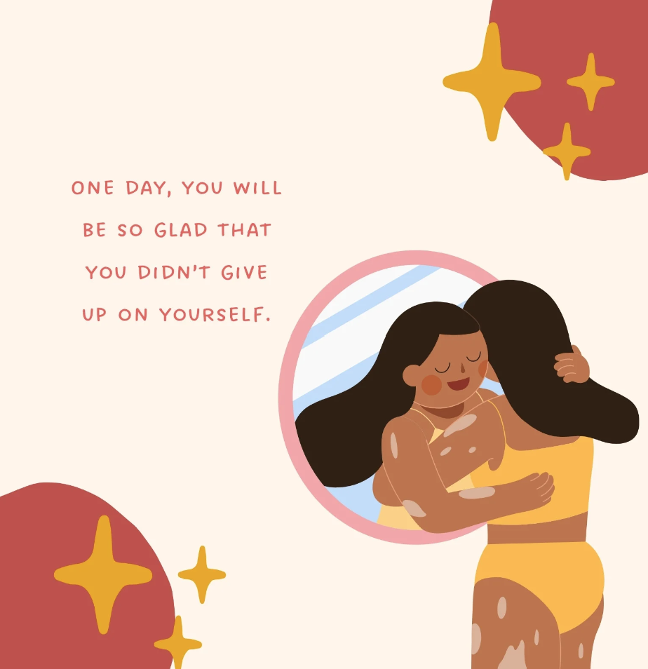 Woman hugging herself through a mirror